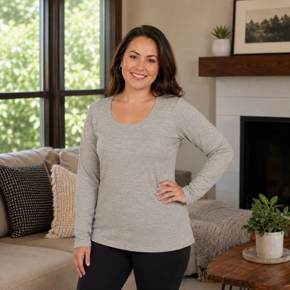 Ibex Womens Merino Wool Long Sleeve Scoop Neck Top Gray Heather Large 4121 F16